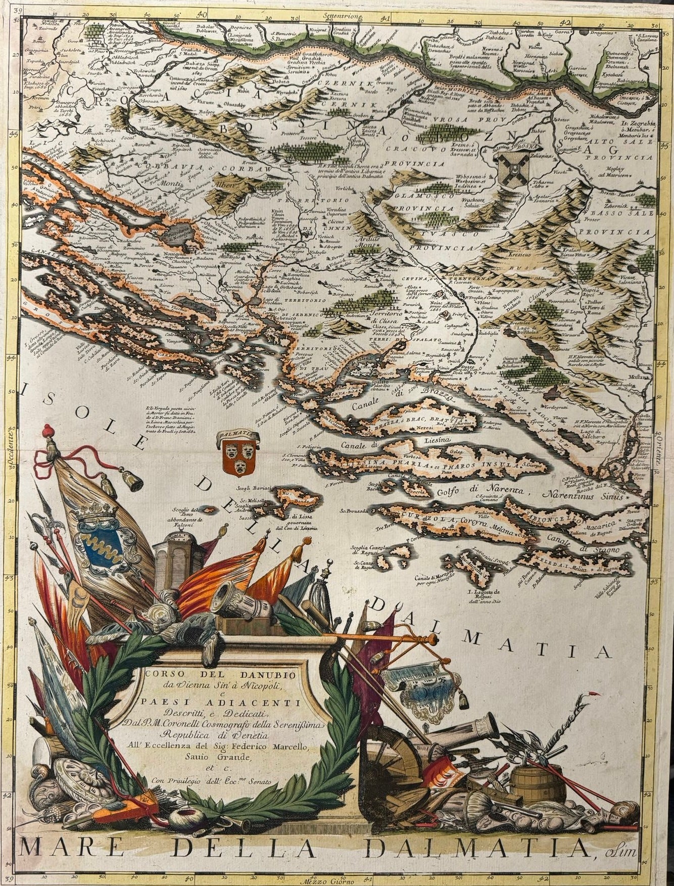 “Corso del Danubio da Vienna Sin a Nicopoli” - Croatia / Dalmatia – including Split - Vincenzo Coronelli (1650 – 1718) - Atlante Veneto published in Venice c1690