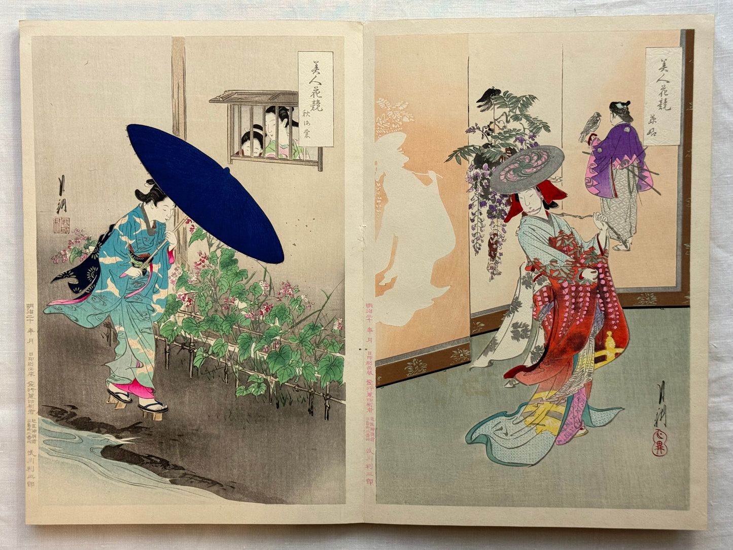 Complete silk bound album of 24 woodblock prints of “Bijin” by Gekko.- c1897
