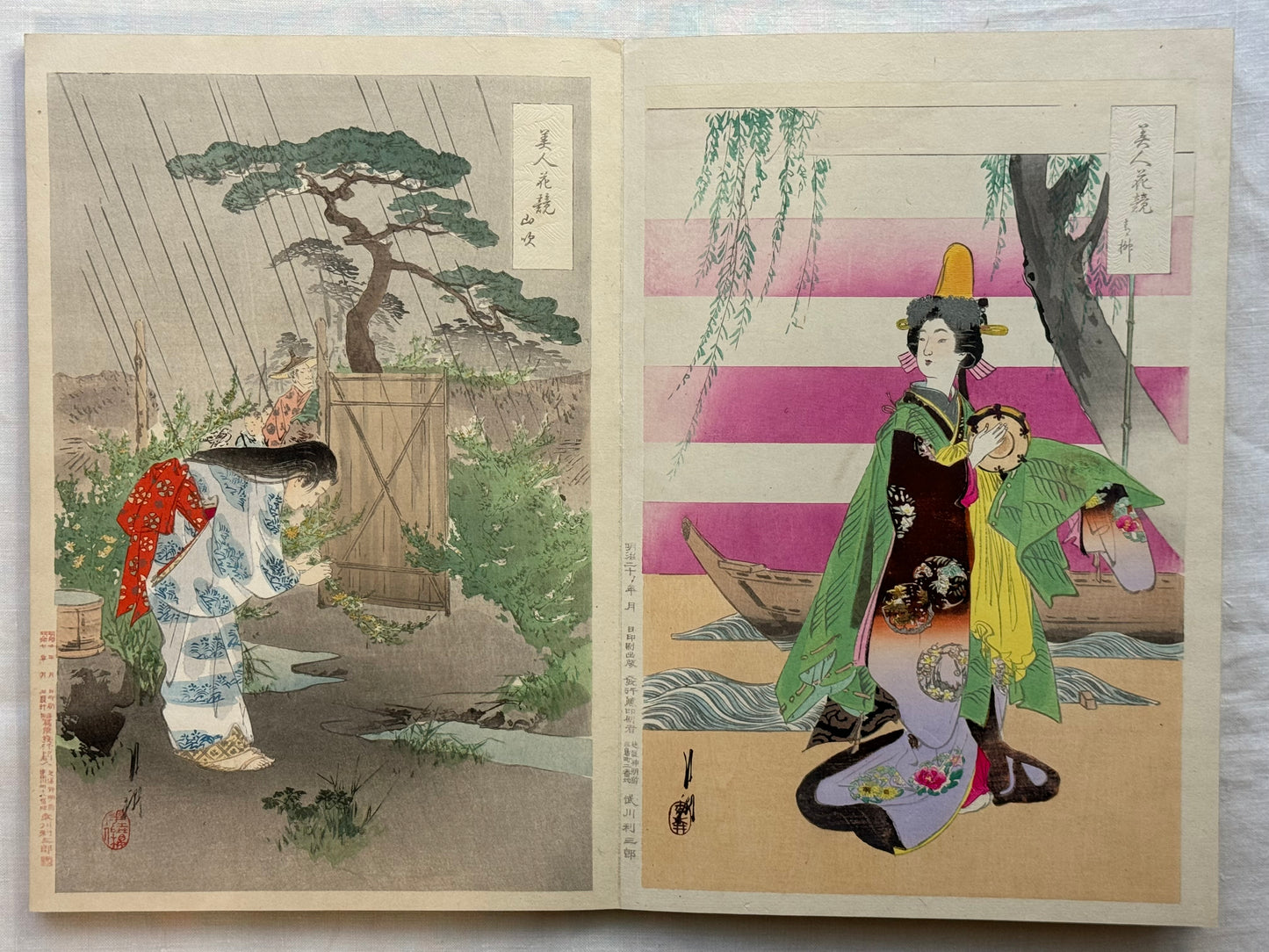 Complete silk bound album of 24 woodblock prints of “Bijin” by Gekko.- c1897