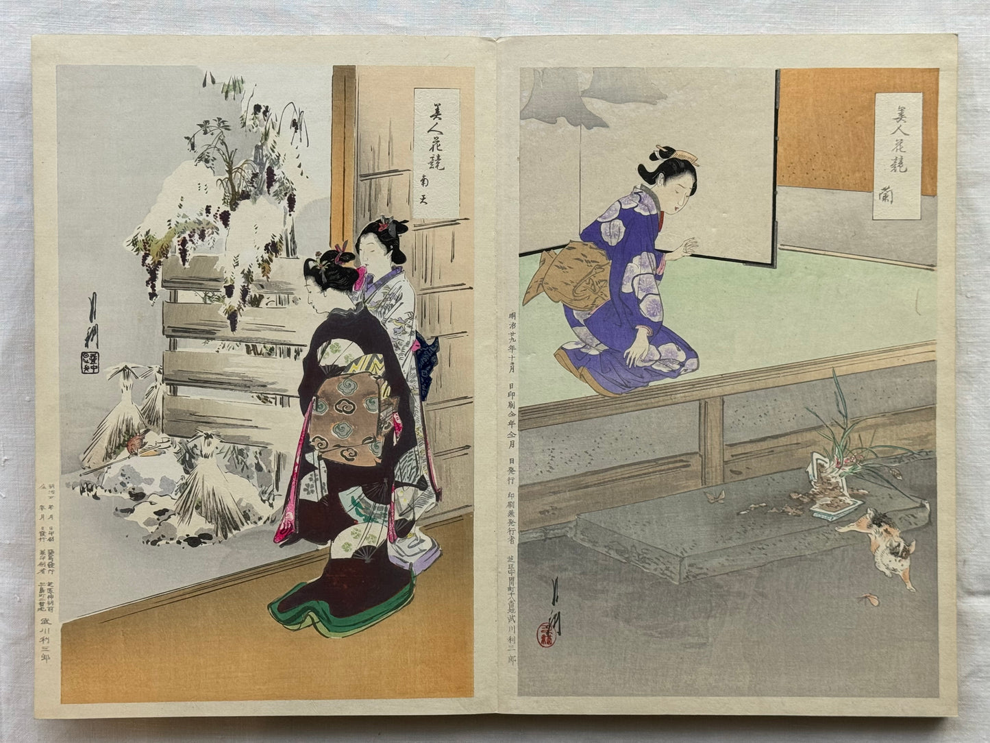 Complete silk bound album of 24 woodblock prints of “Bijin” by Gekko.- c1897