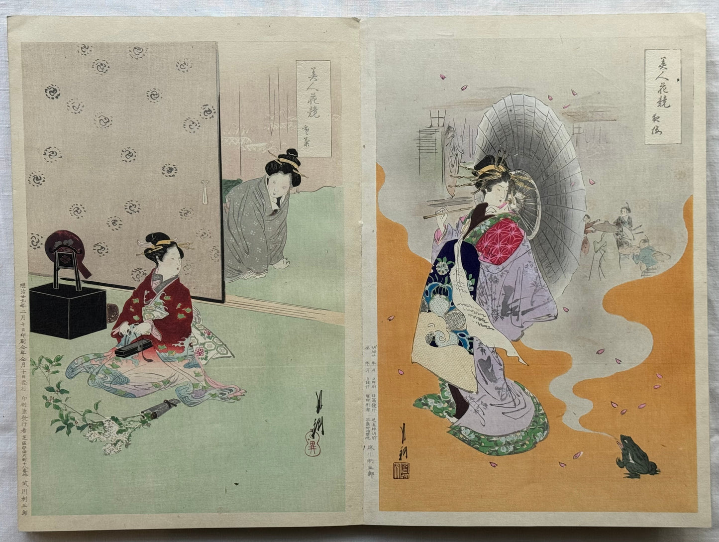 Complete silk bound album of 24 woodblock prints of “Bijin” by Gekko.- c1897