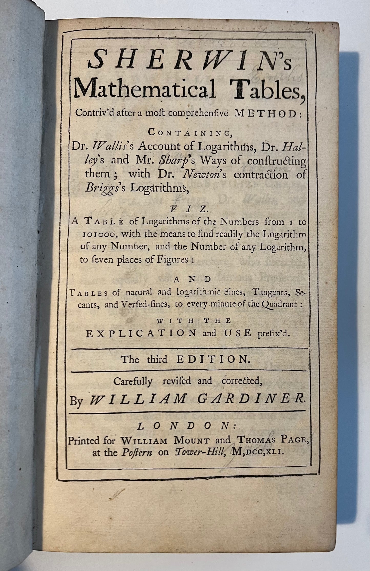 Sherwin's Mathematical Tables - Mount and Page 1741 - Halley and Newton