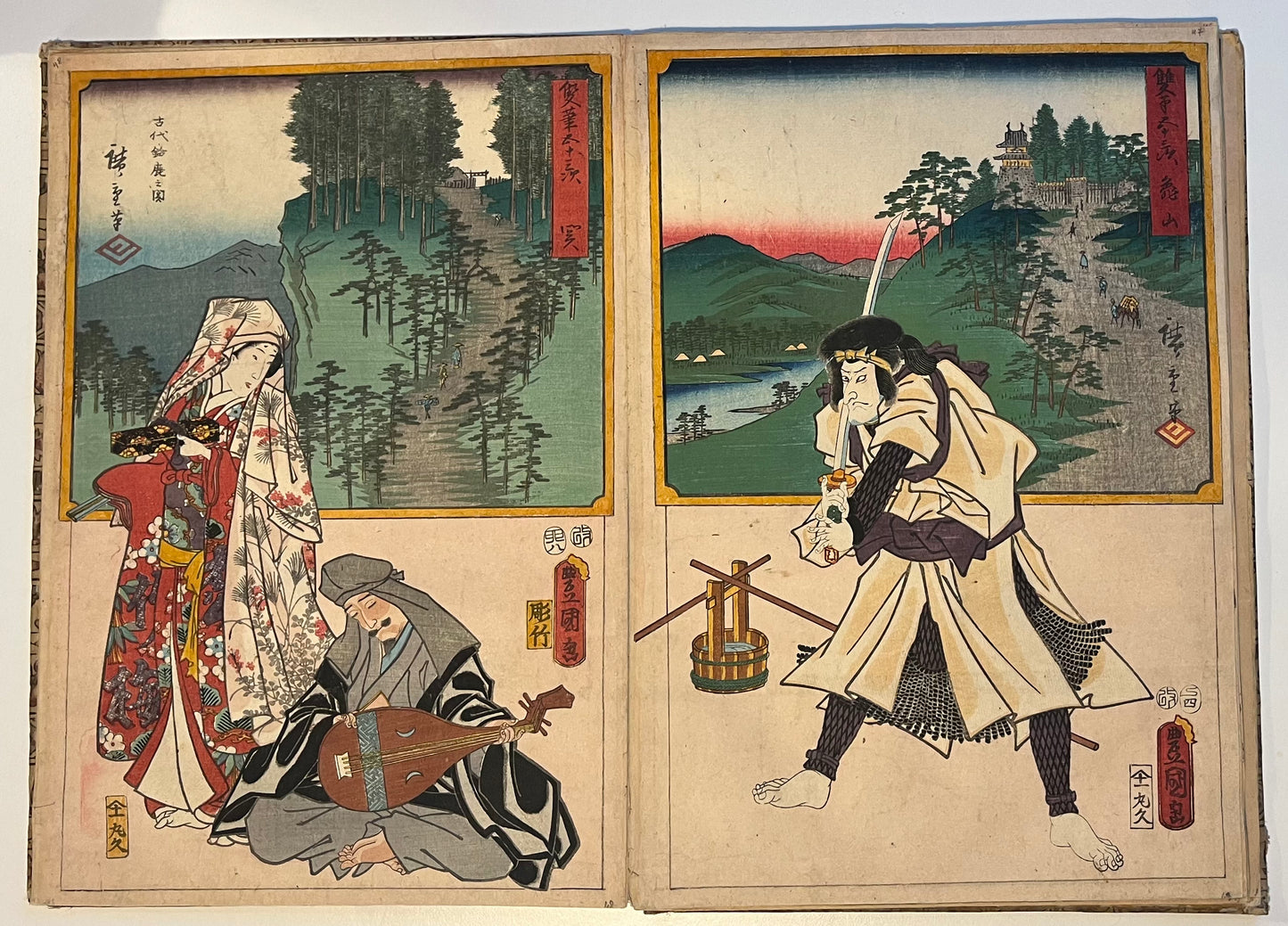Hiroshige & Kunisada - Complete album of 55 prints - "Two Brushes" 53 stations of the Tokaido road - 1854-7 publisher Maruya Kyūshirõ