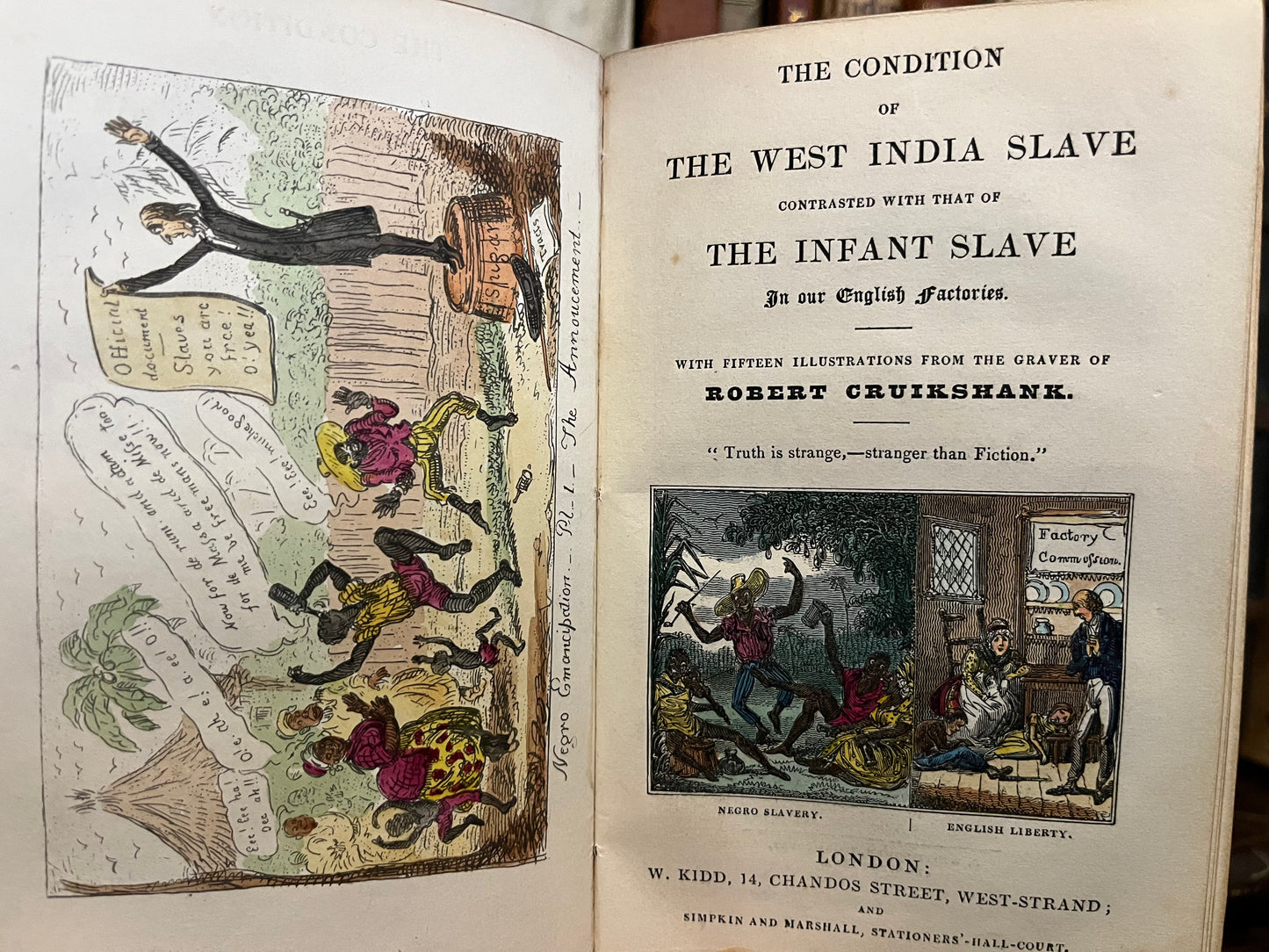 Slavery and Child labour: Important Contemporary Coloured Illustrations by Cruikshank on the Emancipation of British West Indian Slaves and the Regulation of Child Labour in the 1830s.