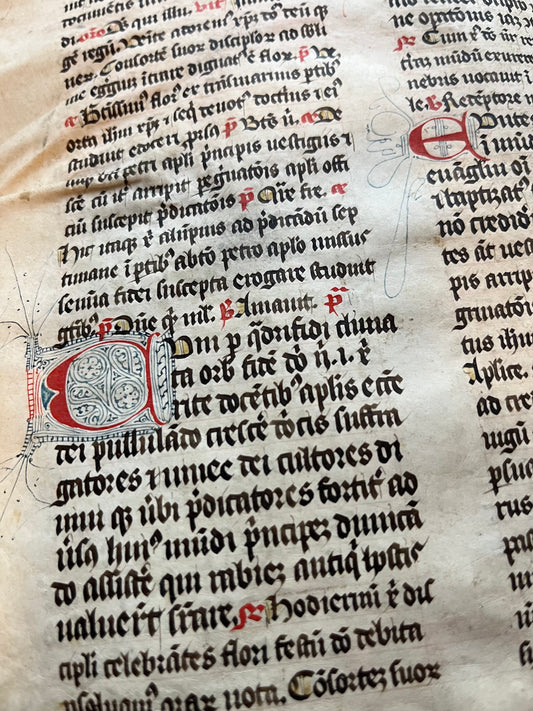 15th Century Missal Fragment of 28 leaves with beautiful decorative lettering
