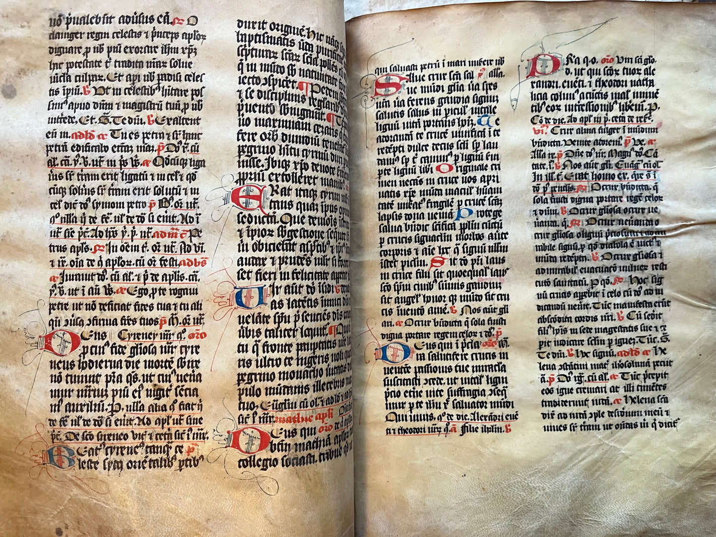 14th Century Missal Fragment of 28 leaves with beautiful decorative lettering
