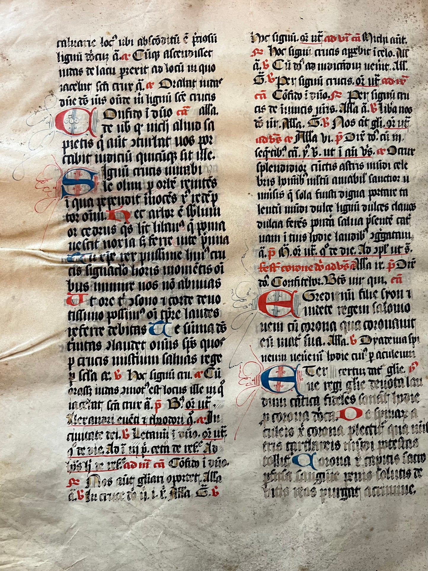 14th Century Missal Fragment of 28 leaves with beautiful decorative lettering