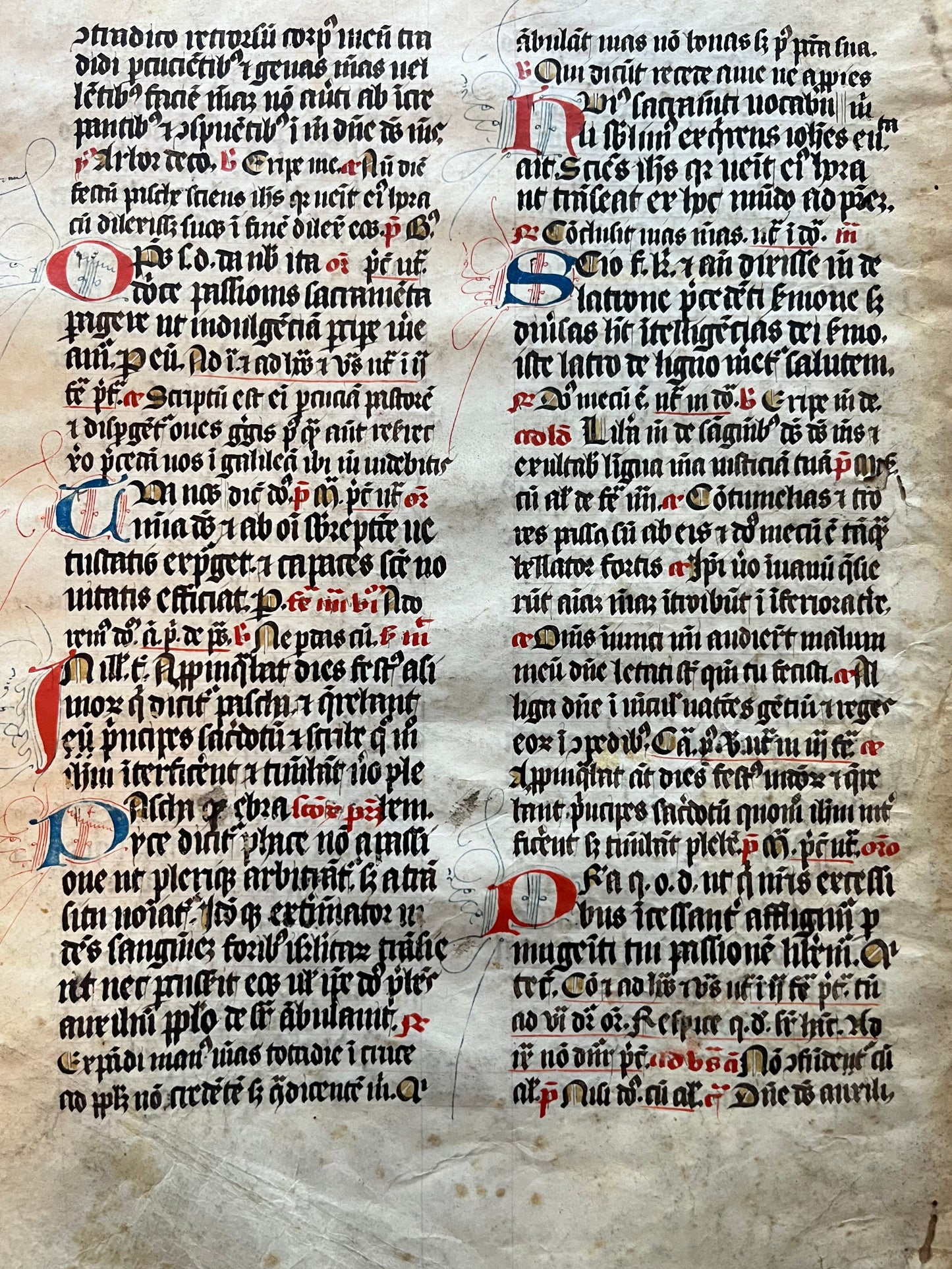 14th Century Missal Fragment of 28 leaves with beautiful decorative lettering