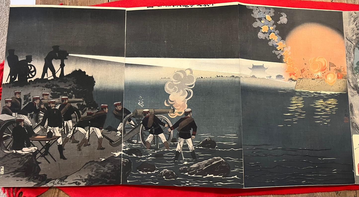 A Silk Bound Album of 32 Sino-Japanese War Triptychs - Senso-e - by Kiyochika, Gekko, Toshihide, Toshikata, Beisaku and others.