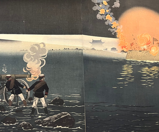 A Silk Bound Album of 32 Sino-Japanese War Triptychs - Senso-e -  by Kiyochika, Gekko, Toshihide, Toshikata, Beisaku and others.
