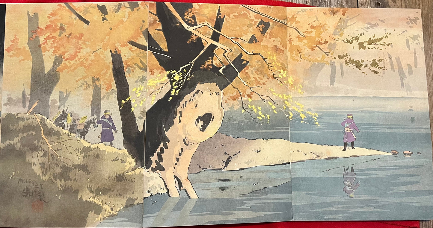 A Silk Bound Album of 32 Sino-Japanese War Triptychs - Senso-e - by Kiyochika, Gekko, Toshihide, Toshikata, Beisaku and others.
