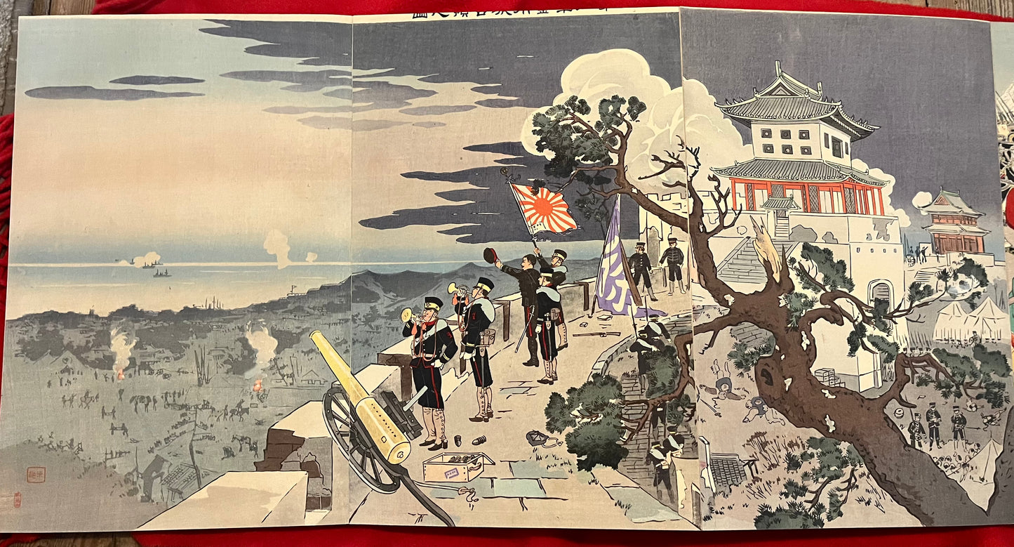 A Silk Bound Album of 32 Sino-Japanese War Triptychs - Senso-e - by Kiyochika, Gekko, Toshihide, Toshikata, Beisaku and others.