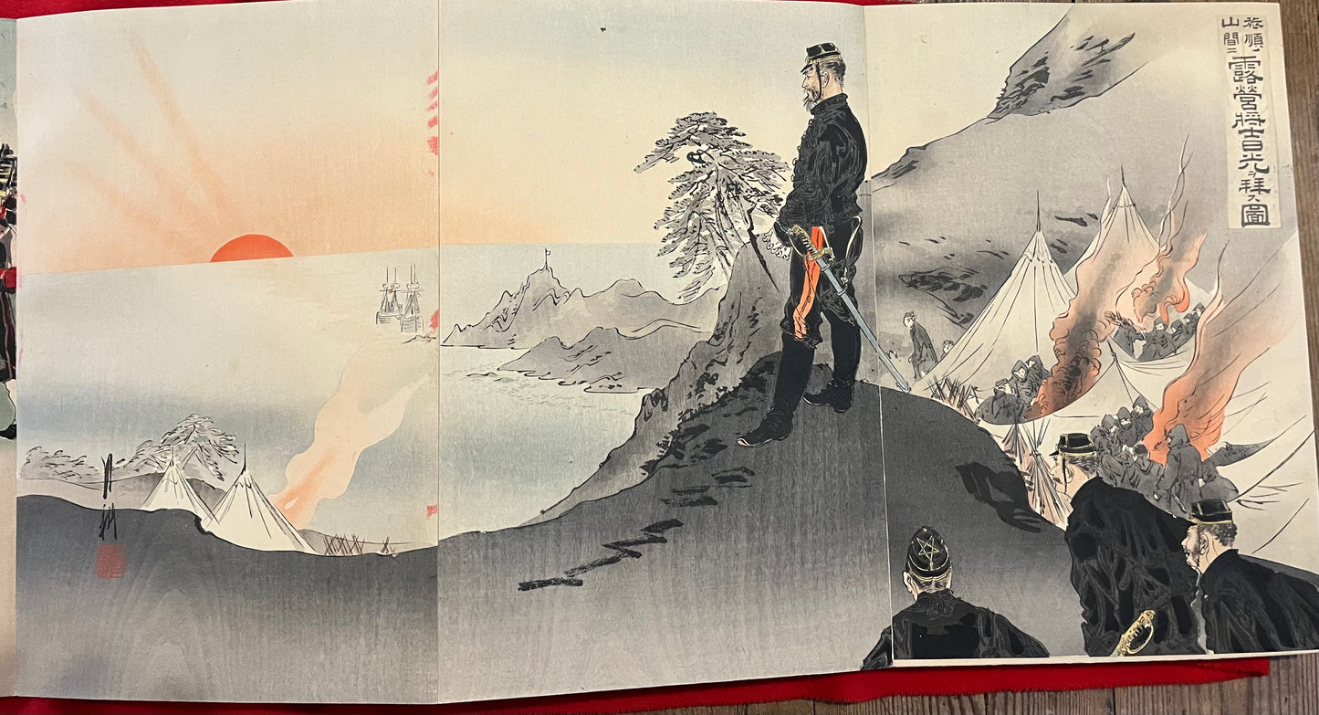 A Silk Bound Album of 32 Sino-Japanese War Triptychs - Senso-e - by Kiyochika, Gekko, Toshihide, Toshikata, Beisaku and others.