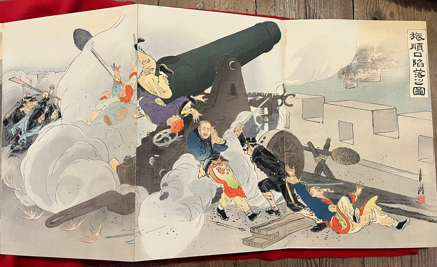 A Silk Bound Album of 32 Sino-Japanese War Triptychs - Senso-e - by Kiyochika, Gekko, Toshihide, Toshikata, Beisaku and others.