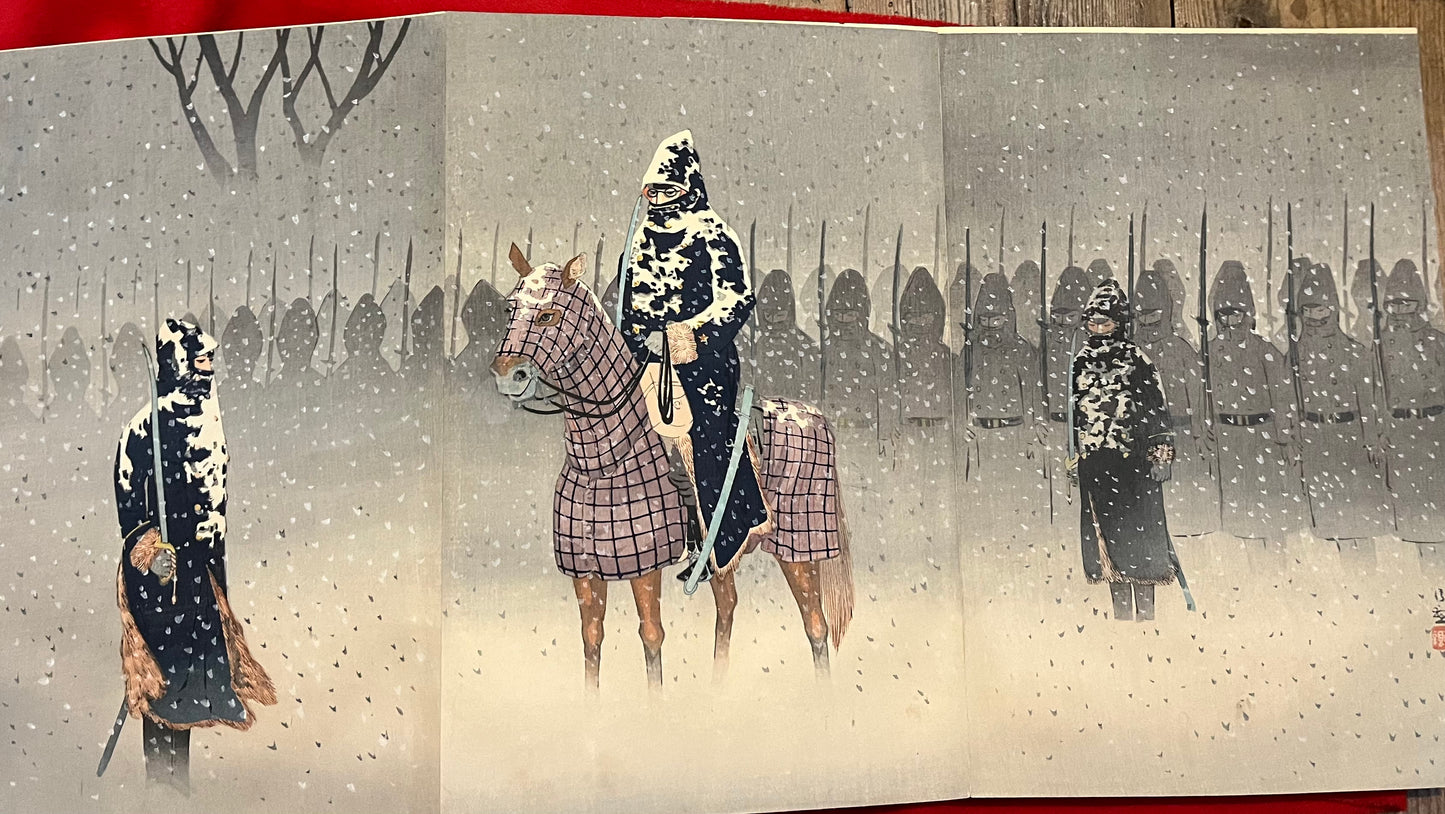 A Silk Bound Album of 32 Sino-Japanese War Triptychs - Senso-e - by Kiyochika, Gekko, Toshihide, Toshikata, Beisaku and others.