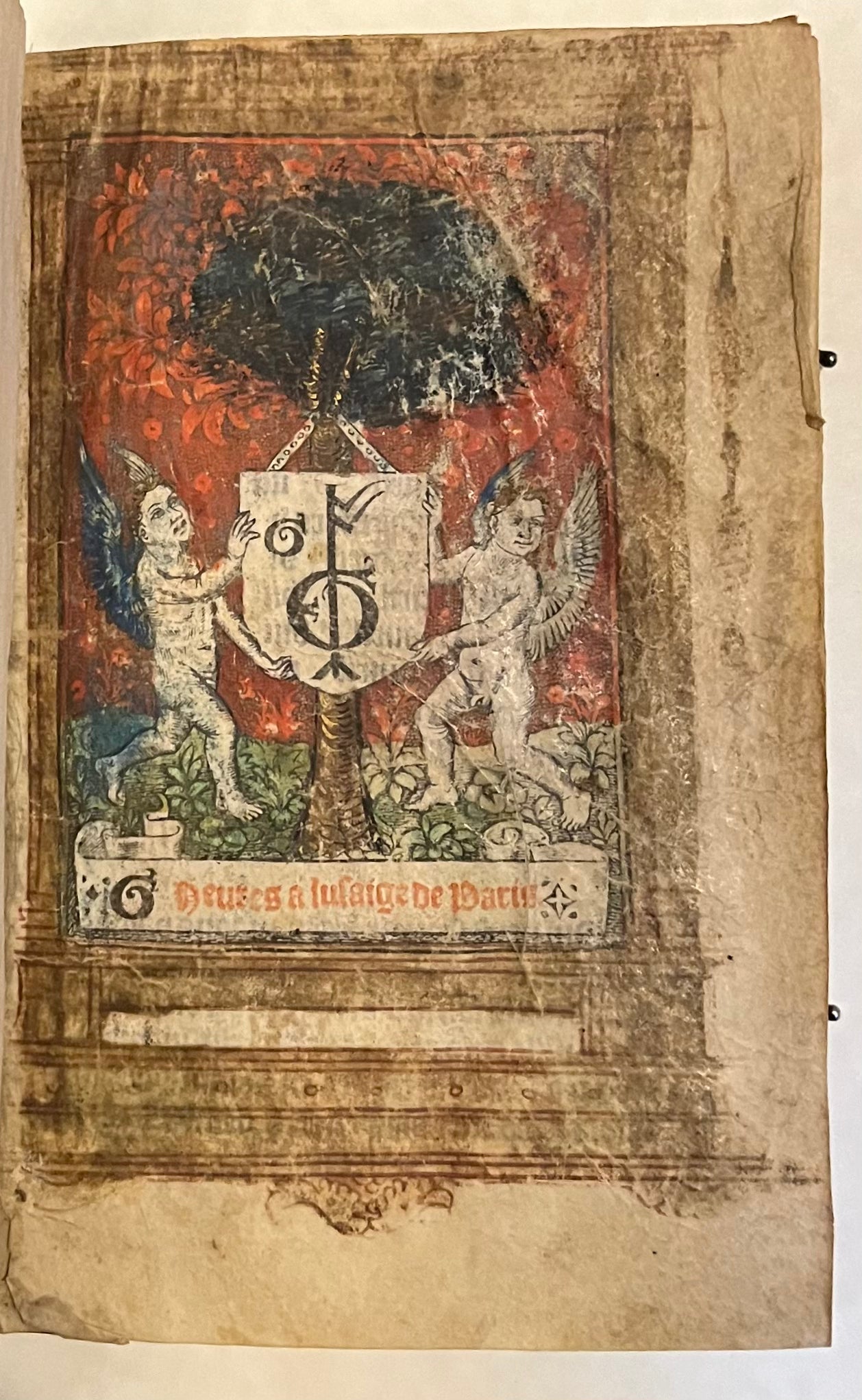 Bound for "Guillaume de Beurges" Keeper of Ravens for Louis XIII - Hardouyn Book of Hours on Vellum - With Title Page, Zodiac man, and 12 Full page Hand illuminated illustrations - c1519