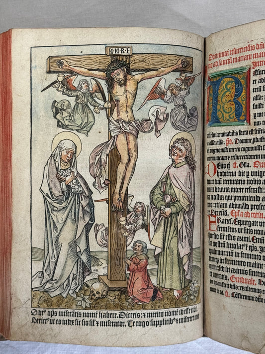 Incunable 1491 folio Nuremberg Missale with Full Page Old colour woodcut by Michael Wolgemut