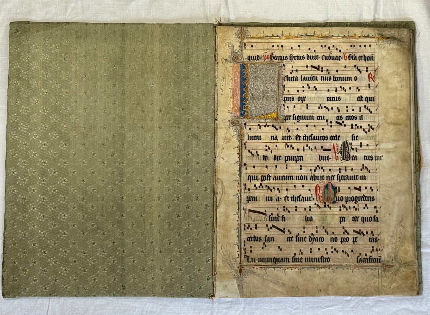 15th century antiphonal fragment with beautiful illuminated "L" for St Lawrence