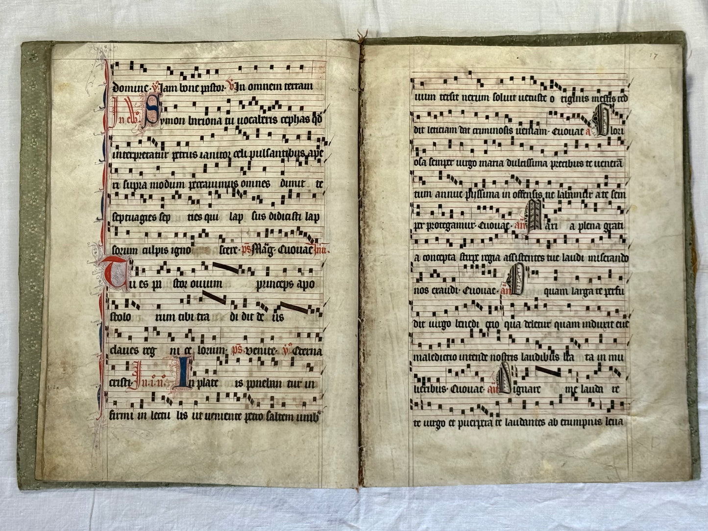 15th century antiphonal fragment with beautiful illuminated "L" for St Lawrence