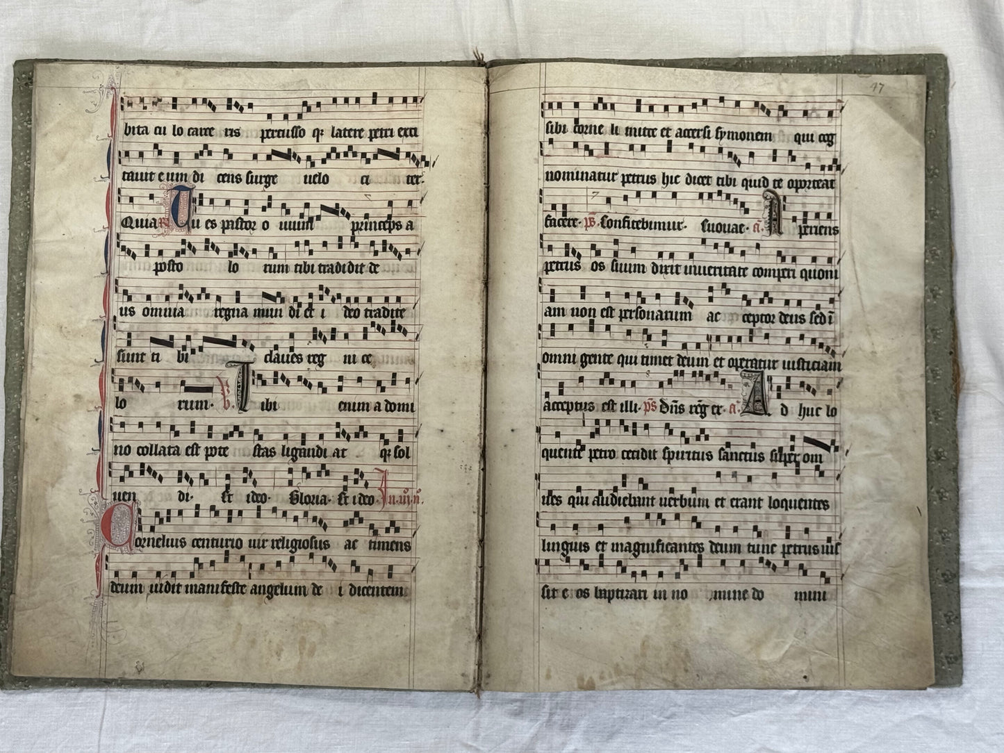 15th century antiphonal fragment with beautiful illuminated "L" for St Lawrence