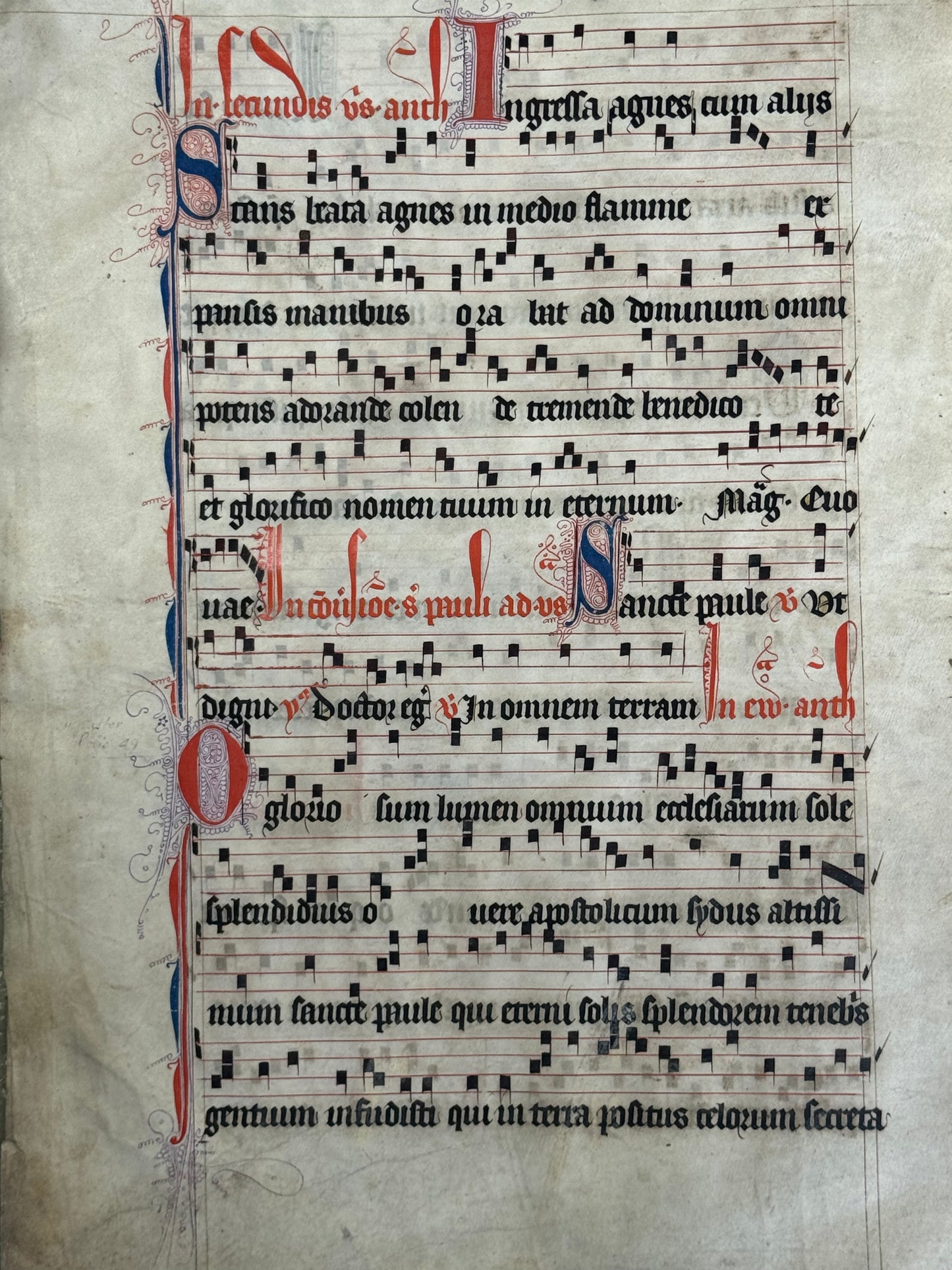 15th century antiphonal fragment with beautiful illuminated "L" for St Lawrence