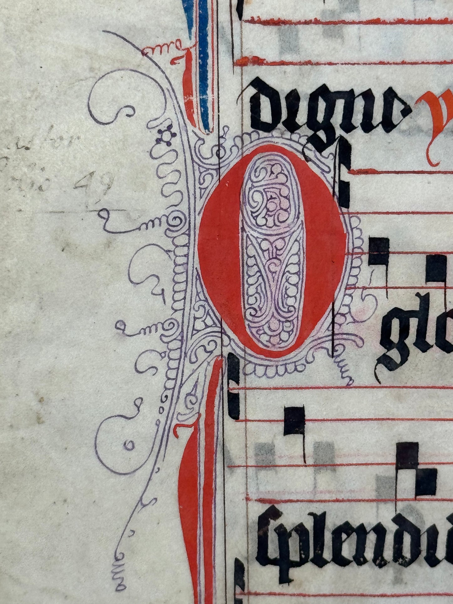 15th century antiphonal fragment with beautiful illuminated "L" for St Lawrence