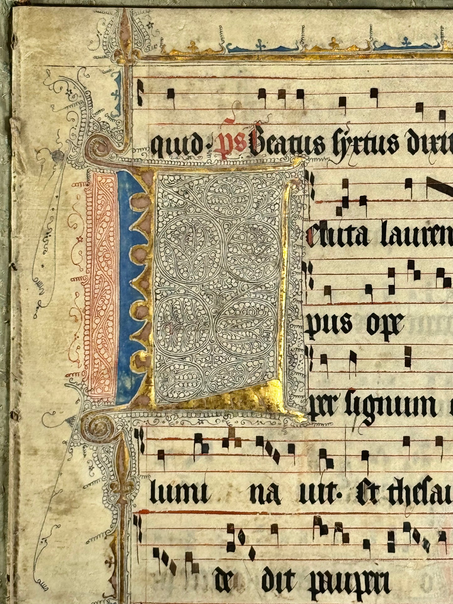 15th century antiphonal fragment with beautiful illuminated "L" for St Lawrence