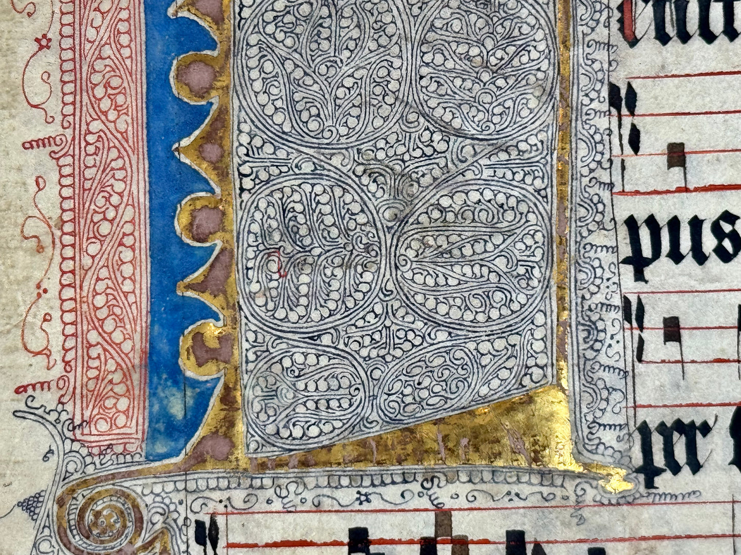 15th century antiphonal fragment with beautiful illuminated "L" for St Lawrence