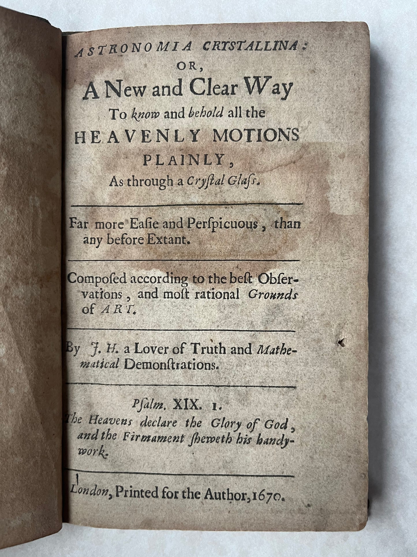 Astronomia Crystallina - 1670 - Rare English anti-copernican tract arguing for a geocentric solar system - With fold out Diagram - No copies recorded at auction
