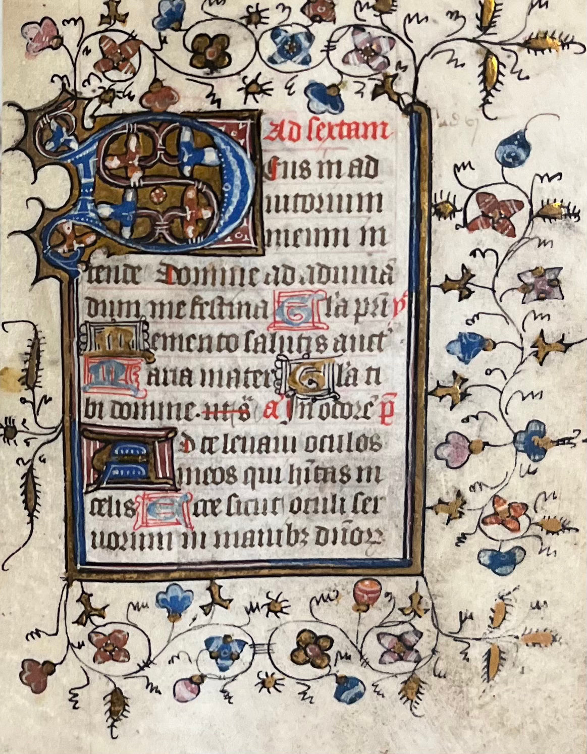 A charming French 15th Century Book of hours likely intended for the private devotion of an English woman - with 5 large illuminated Initials.