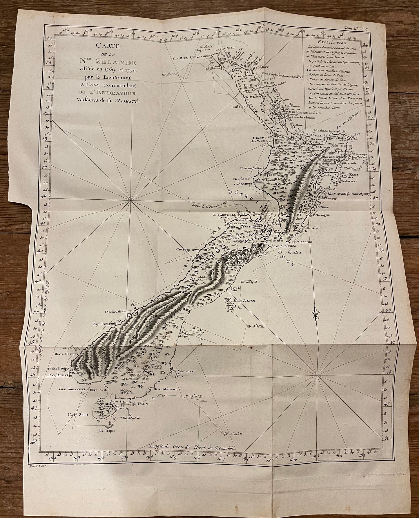 1774 Captain James Cook - Antique Map - 1st Printed Chart of New Zealand -French