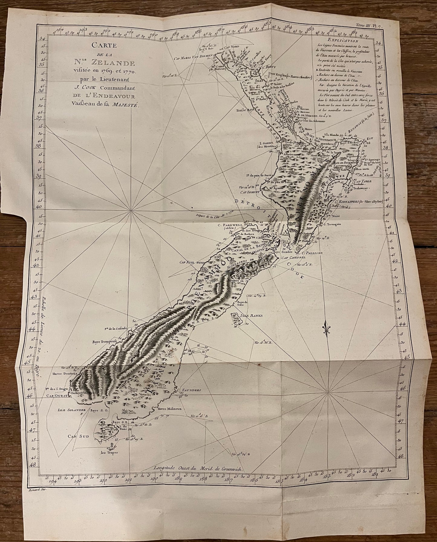 1774 Captain James Cook - Antique Map - 1st Printed Chart of New Zealand -French