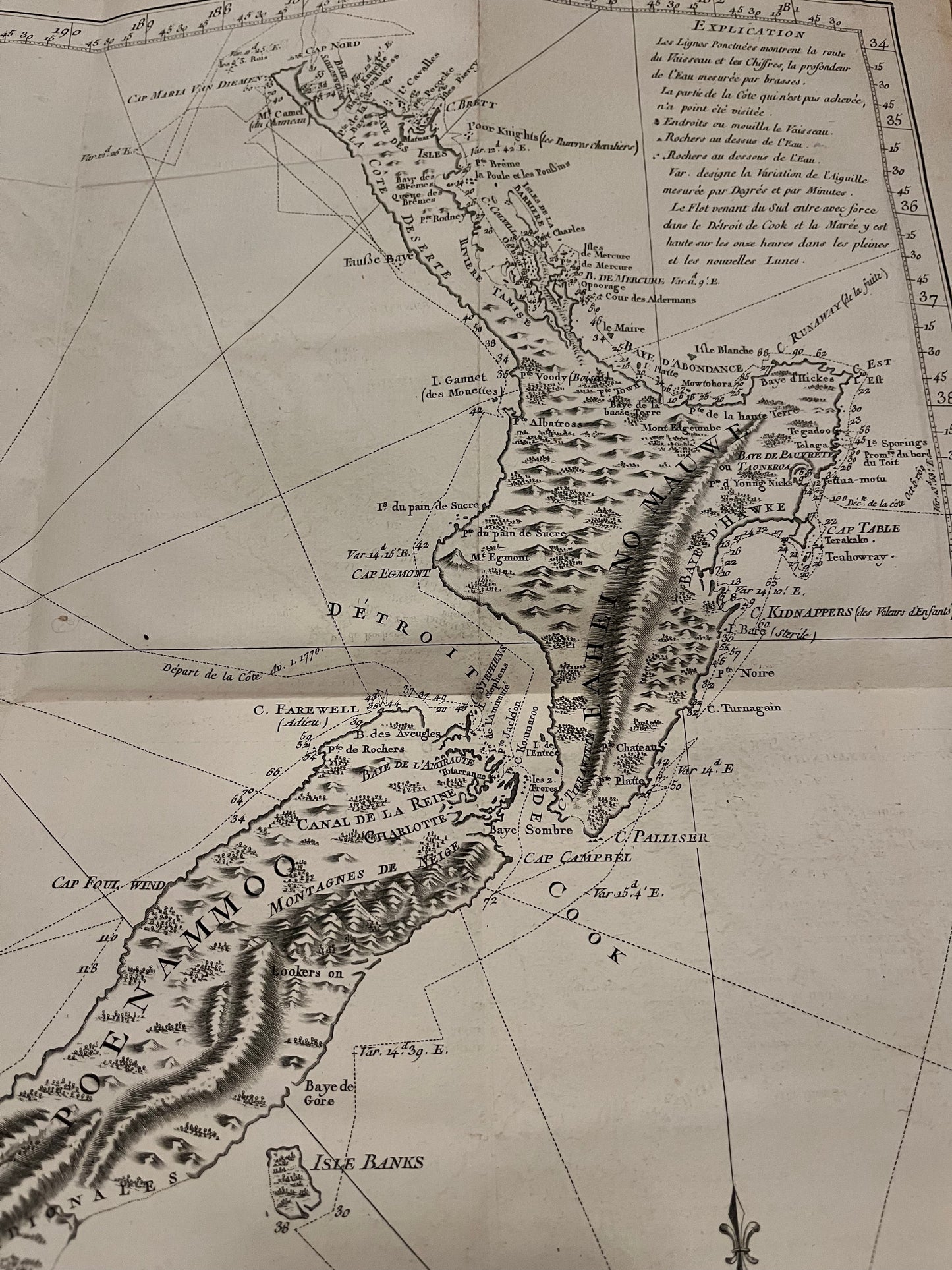 1774 Captain James Cook - Antique Map - 1st Printed Chart of New Zealand -French