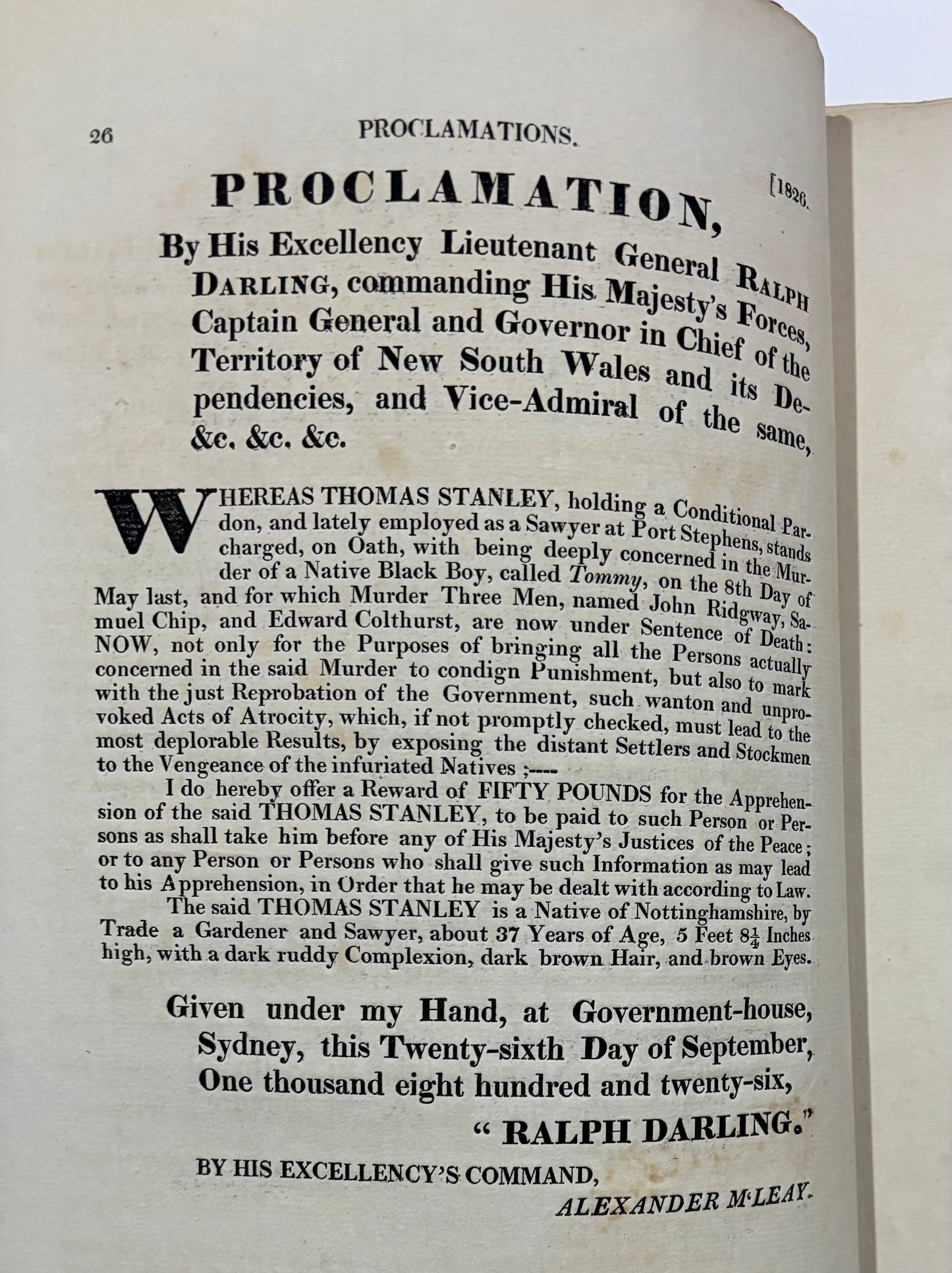 Native Australian Justice - Proclamations for the Murder of "Tommy" - Early Sydney Printing - 1827 - Robert Howe