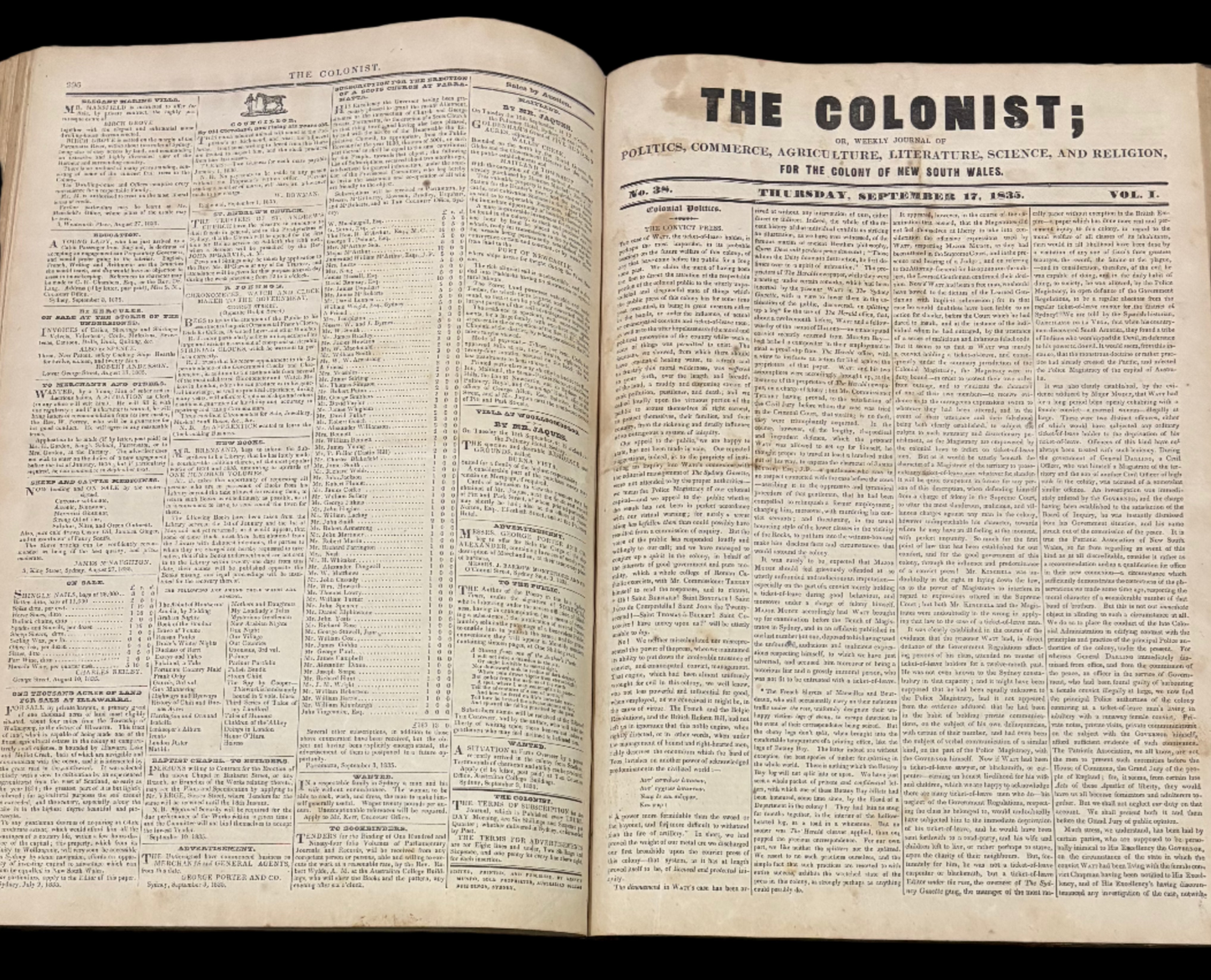 Early Australian Newspaper - "The Colonist" - 1835 Sydney - Complete 1st Year with 53 issues
