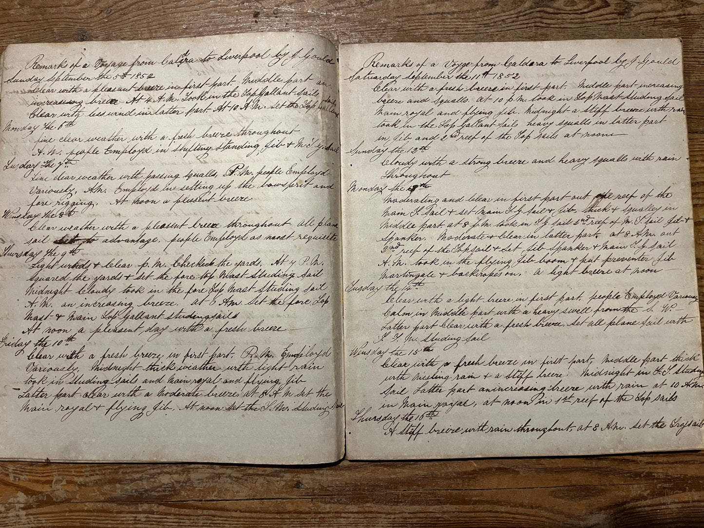 Journal and ships log written by the Liverpool seaman, John Gould, from 1852 to 1868. Includes voyages to New Orleans and San Francisco, and a fascinating list of ships seen in Liverpool harbour from 1867-8.