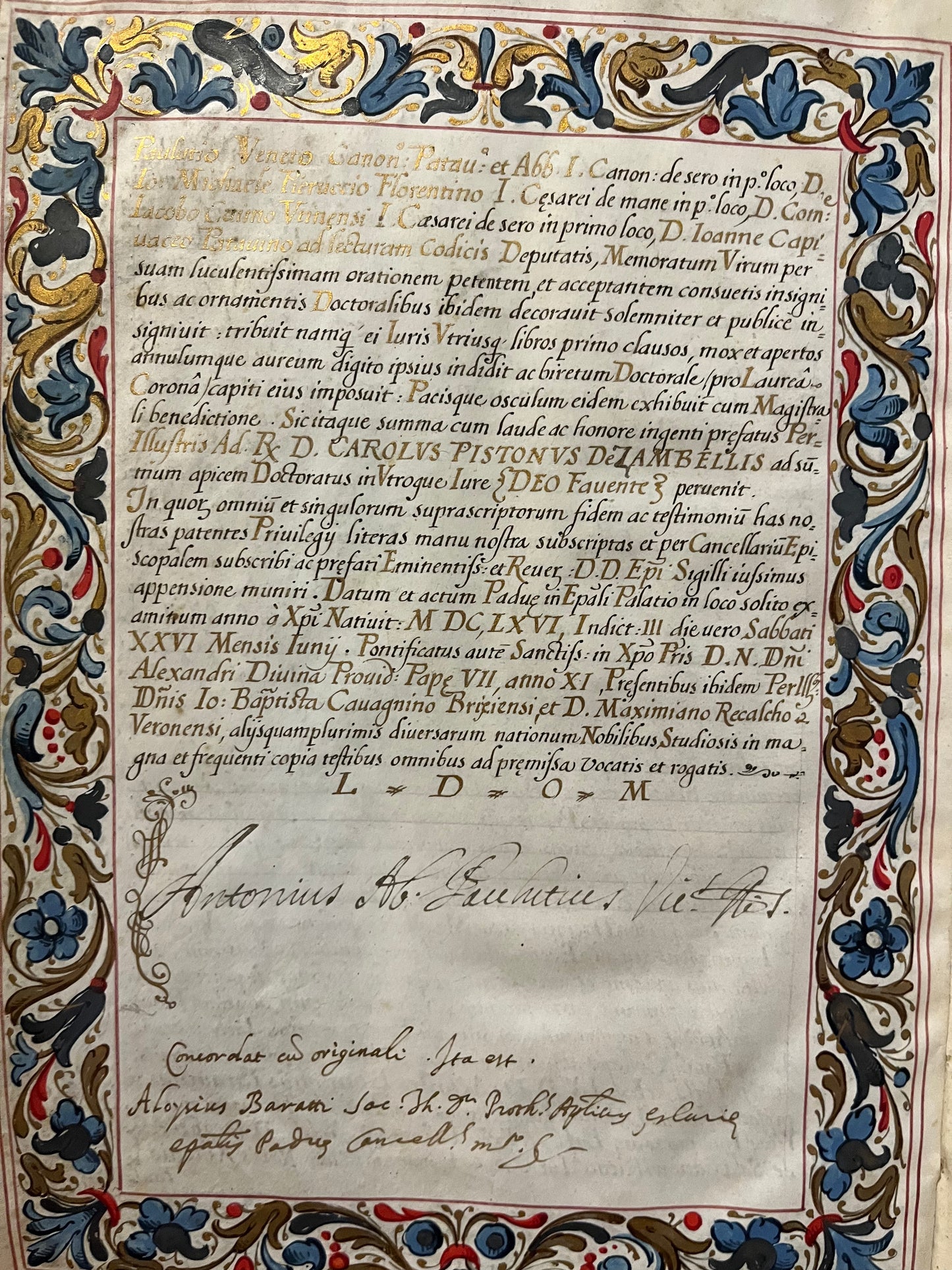 Beautiful 17th Century Manuscript Paduan degree with portrait and Saint's Seal