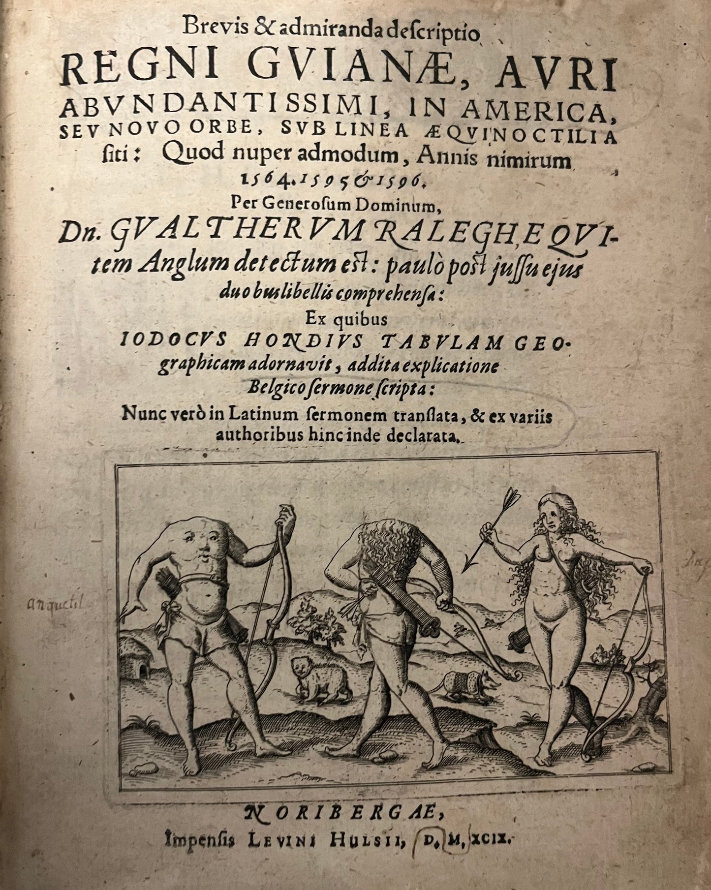 Rare with Map of Eldorado and South America - Walter Raleigh - Hulsius - 1599 - Brevis & admiranda descriptio regni Guianae, auri abundantissimi, in America