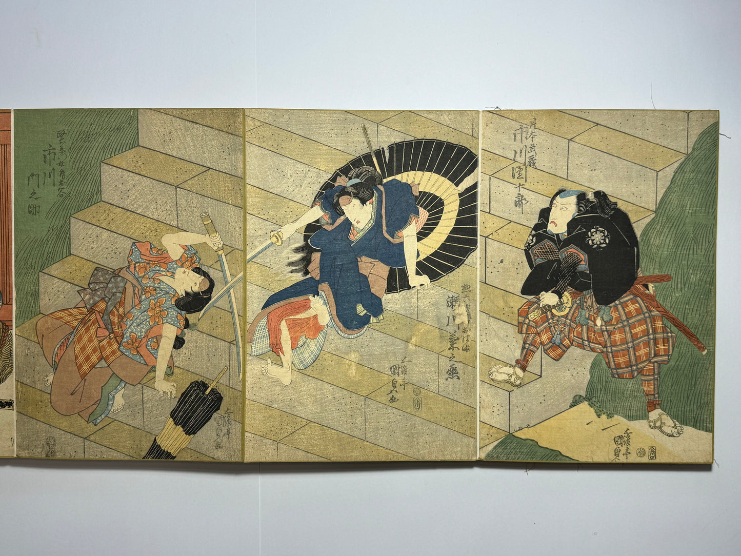 Tenjiku Tokubei, Toad magic, and boats - a beautiful Ukiyo-e Japanese album with 6 rare triptchys and 2 tetraptychs by Toyokuni I, Kuniyasu and Kunisada - dated c1820