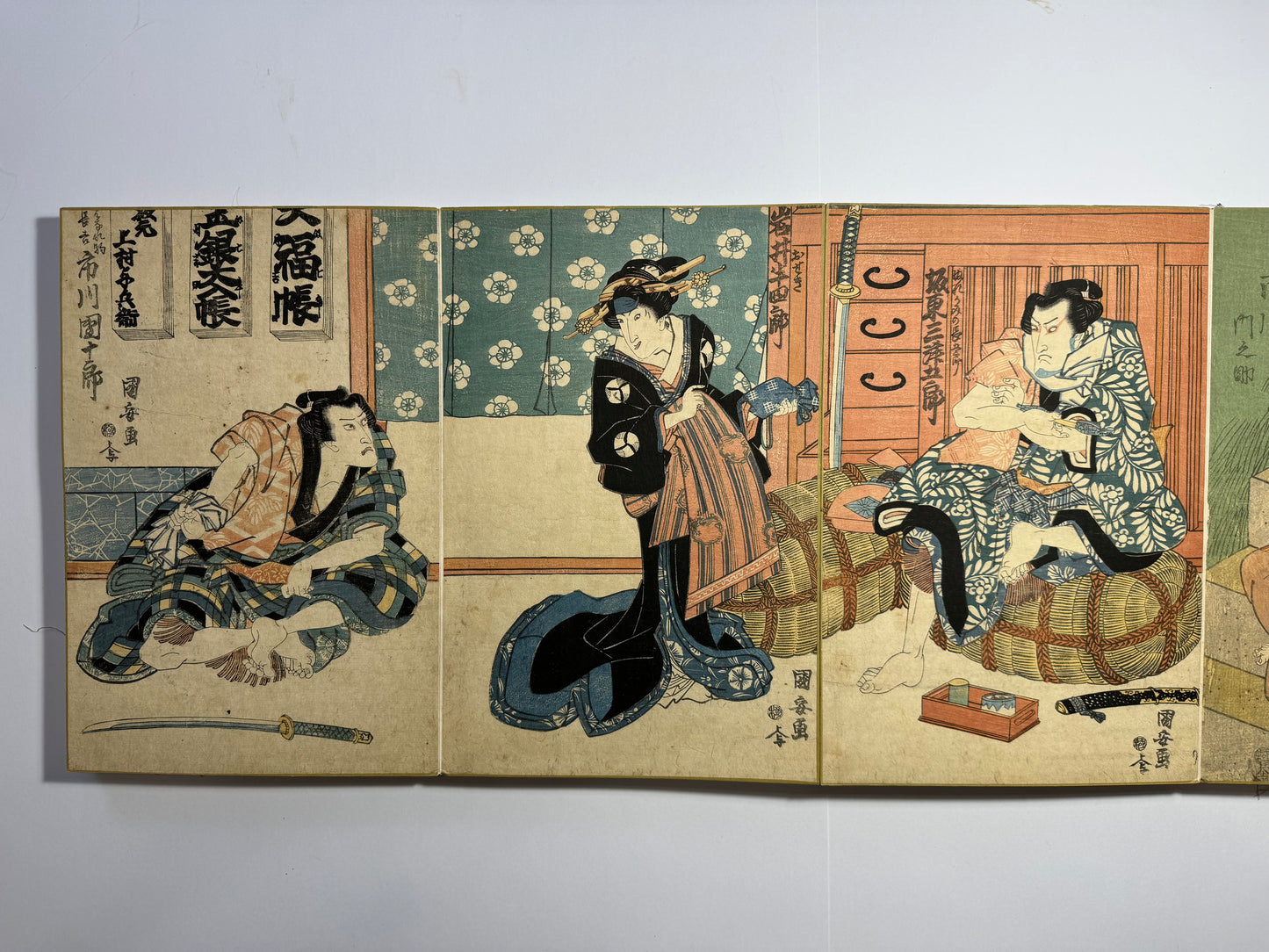 Tenjiku Tokubei, Toad magic, and boats - a beautiful Ukiyo-e Japanese album with 6 rare triptchys and 2 tetraptychs by Toyokuni I, Kuniyasu and Kunisada - dated c1820