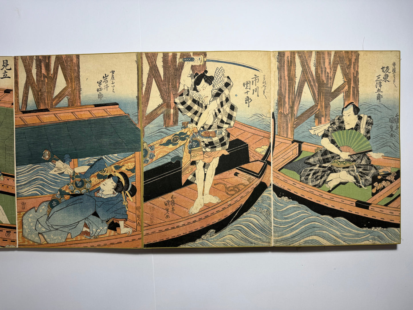 Tenjiku Tokubei, Toad magic, and boats - a beautiful Ukiyo-e Japanese album with 6 rare triptchys and 2 tetraptychs by Toyokuni I, Kuniyasu and Kunisada - dated c1820