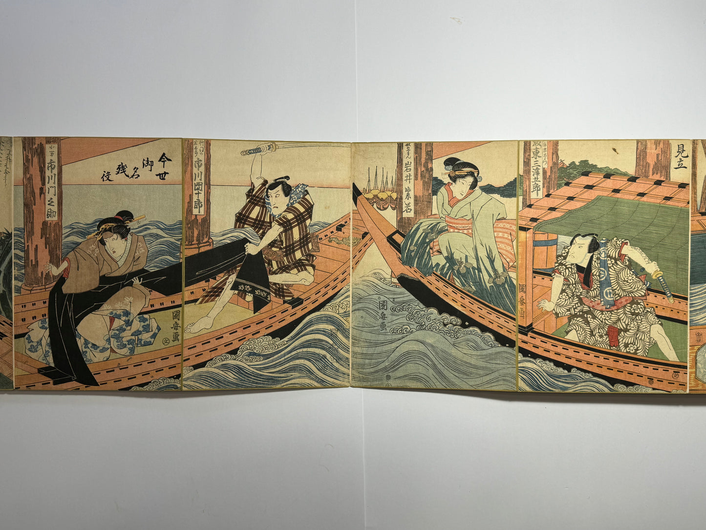 Tenjiku Tokubei, Toad magic, and boats - a beautiful Ukiyo-e Japanese album with 6 rare triptchys and 2 tetraptychs by Toyokuni I, Kuniyasu and Kunisada - dated c1820