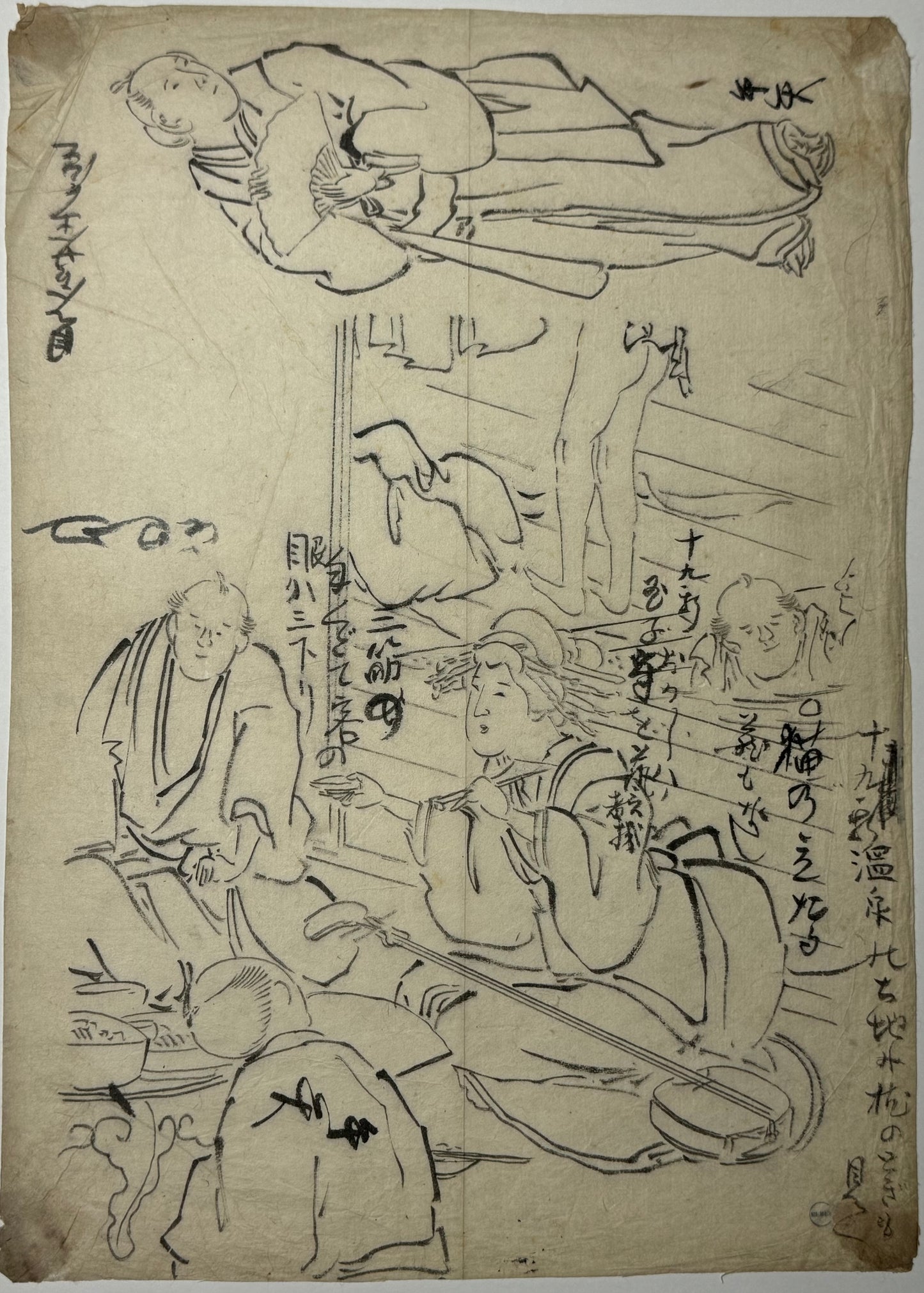 “Bath house house scene with geisha” Early 19th Century Japanese Preparatory drawing or Shita-e/Gako