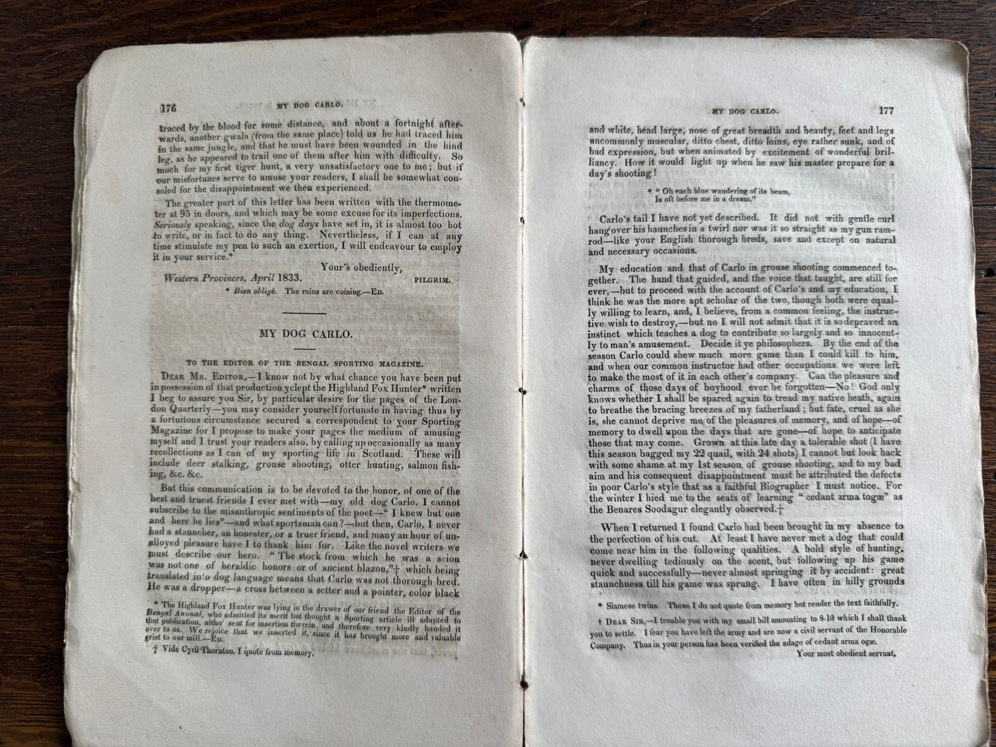 "My First Brush with a Tiger" - Early Indian printing - "The Bengal Monthly Sporting Magazine" - Calcutta 1833 - J.H.Stocqueler