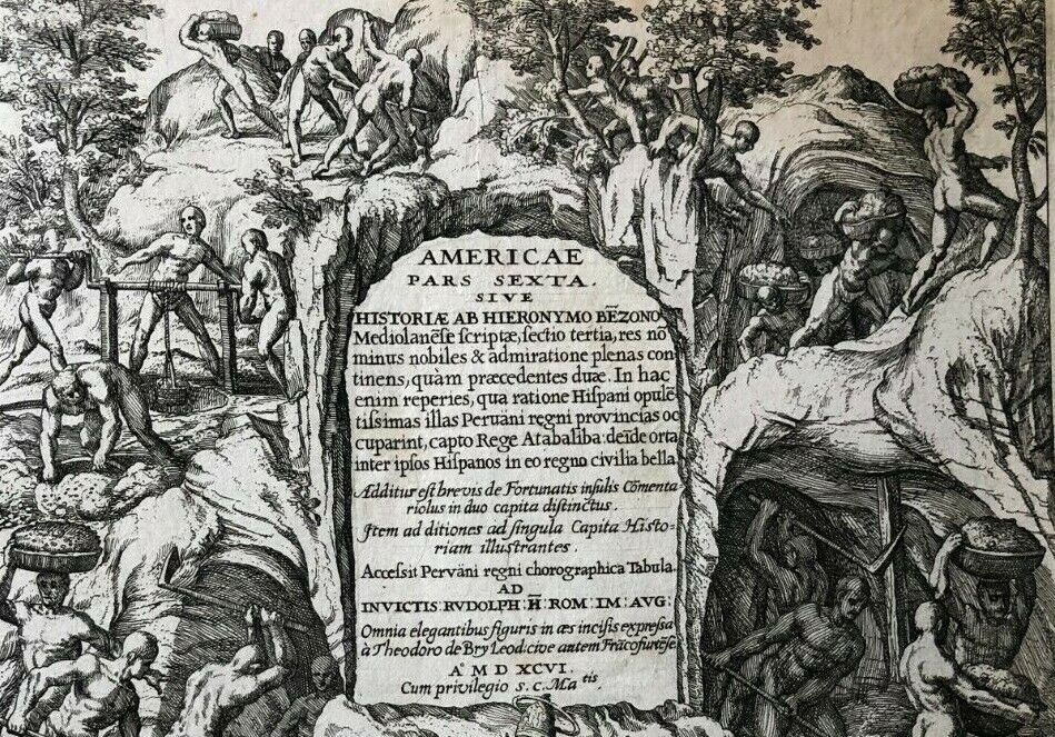 De Bry - "Title page to Americae Pars Sexta" 1596 - Atahualpa - Inca - Pizarro