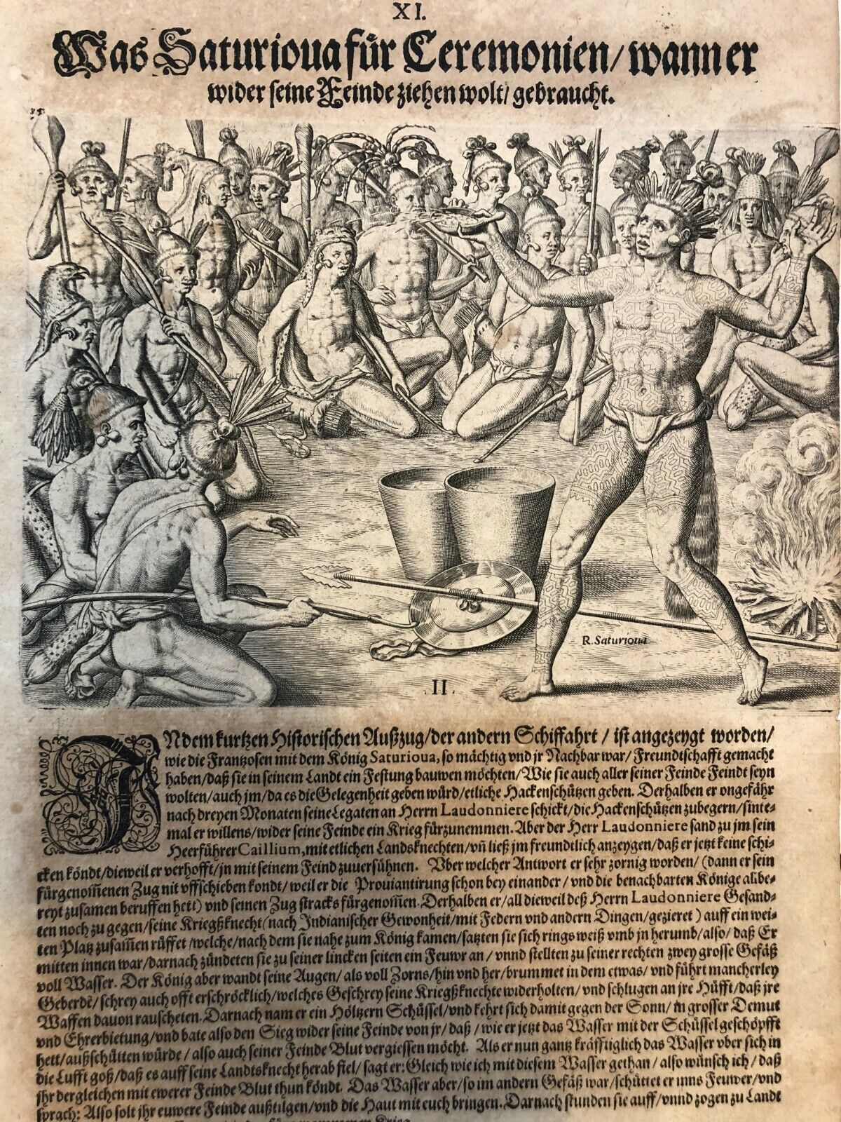 De Bry - Satouriona prepares - Florida - Original Engraving - 1591 - Le Moyne
