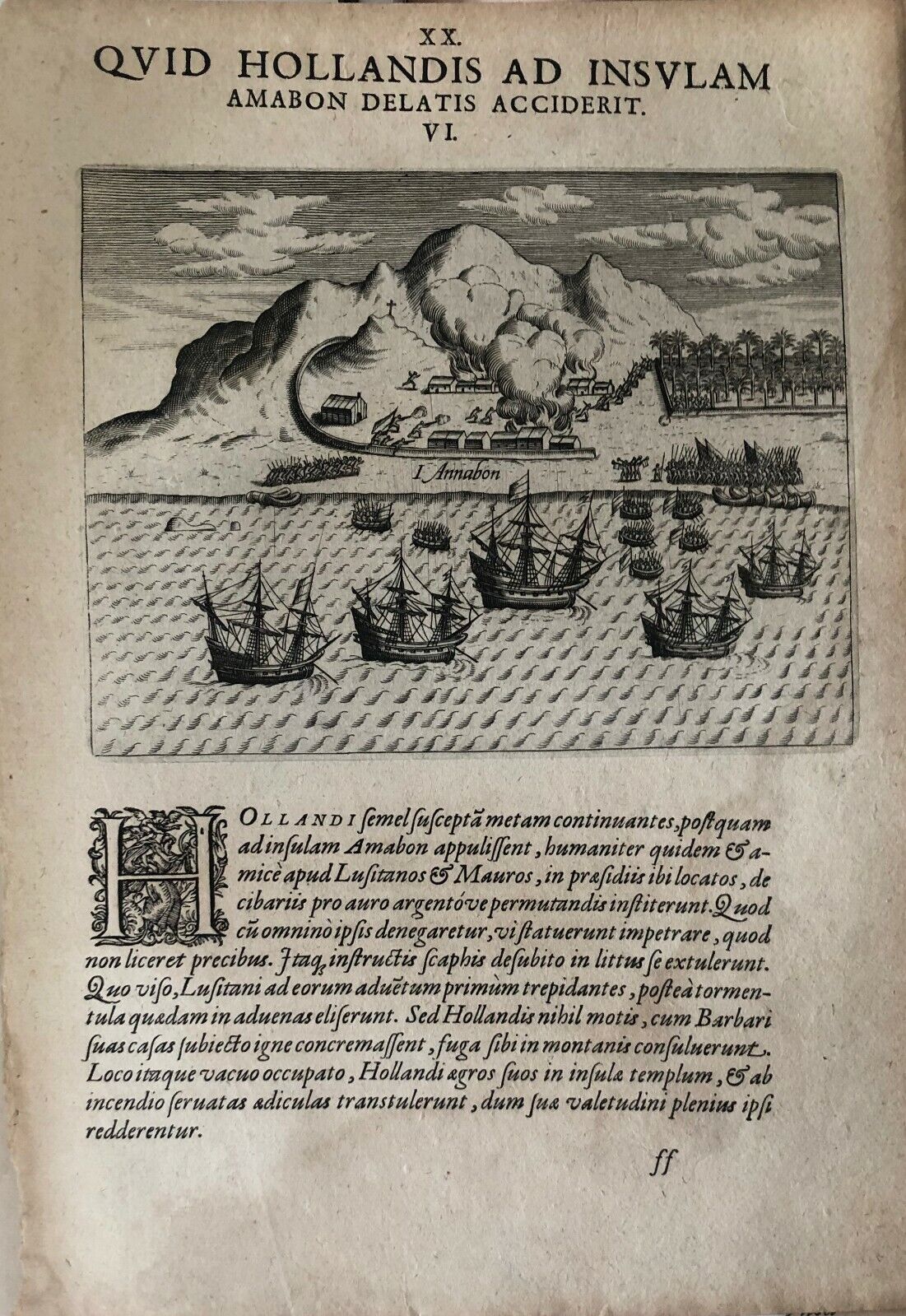 De Bry - "The Dutch reach Annabon (Pagalu)" Equatorial Guinea 1601 - Engraving