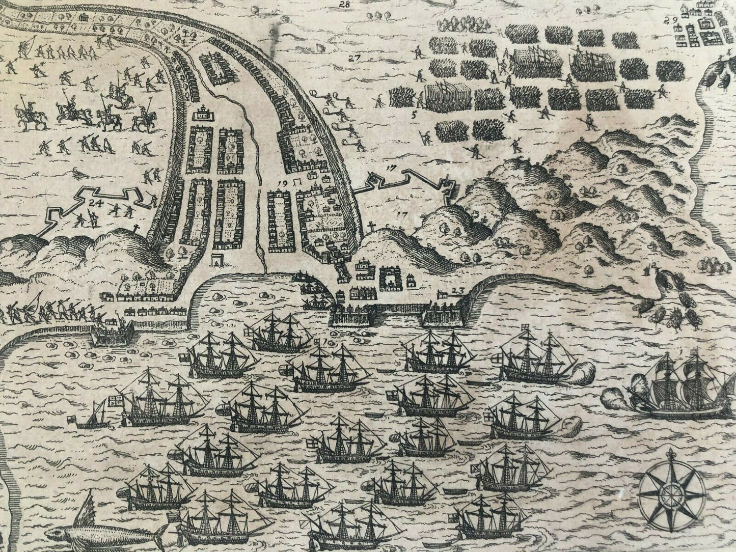De Bry “Francis Drake attacks Praia, Santiago in the Cape Verde Islands" - 1599