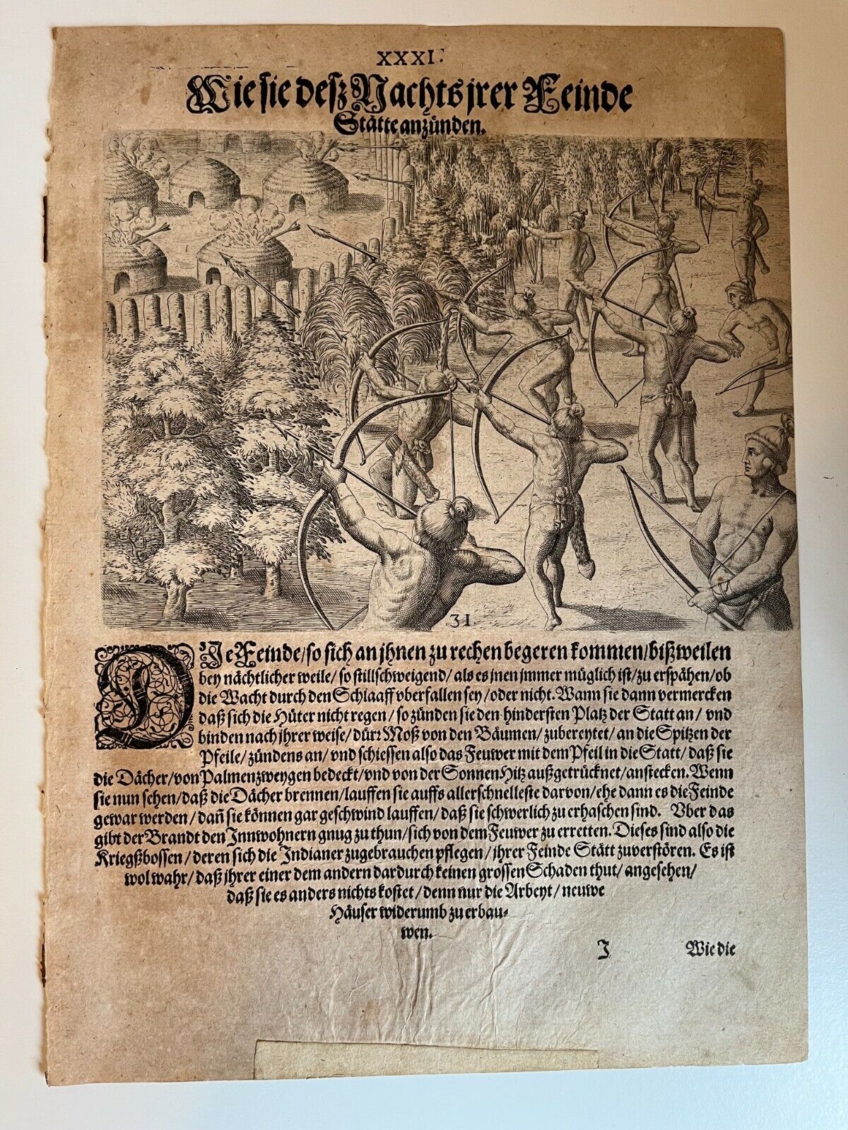 De Bry - Attack on a village- Florida - Original Engraving - 1591 - Le Moyne