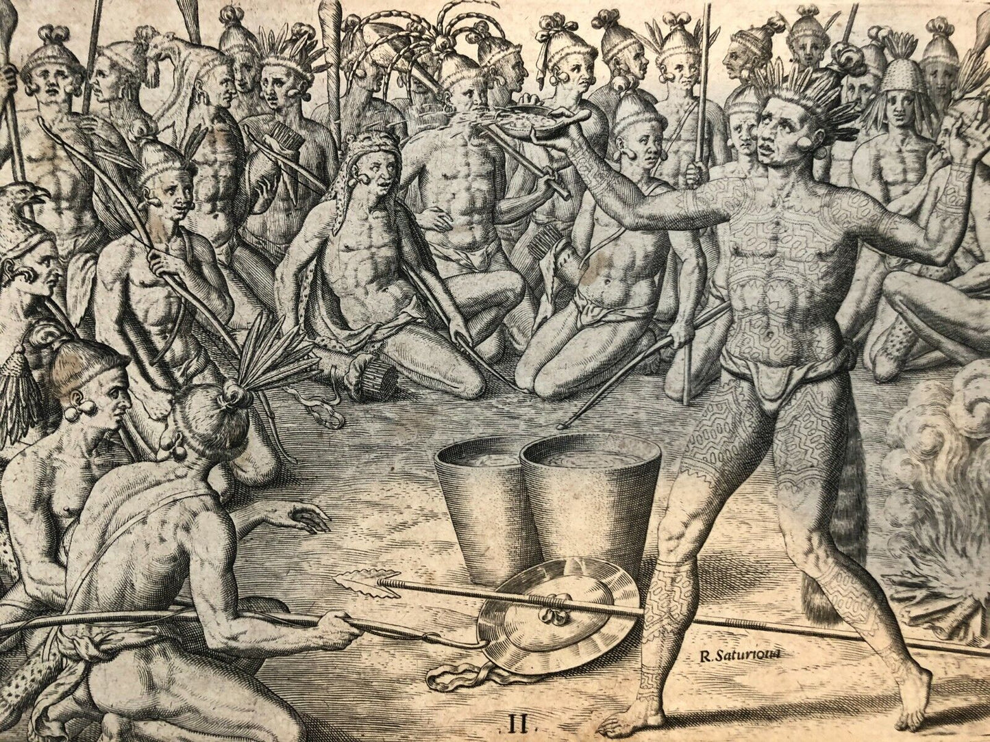 De Bry - Satouriona prepares - Florida - Original Engraving - 1591 - Le Moyne